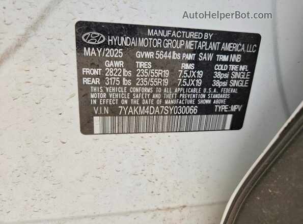 7YAKM4DA7SY030066 2025 HYUNDAI IONIQ White VIN sticker view