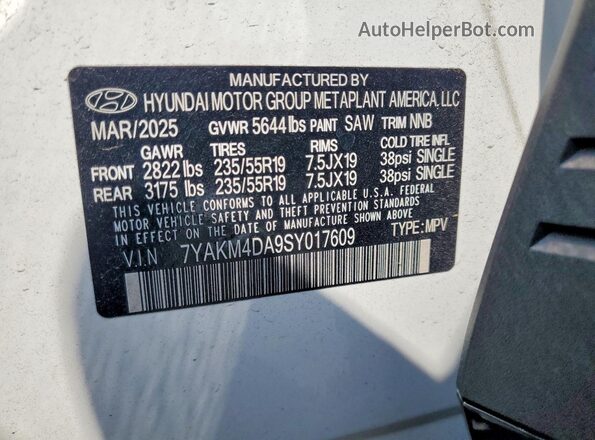 7YAKM4DA9SY017609 2025 HYUNDAI IONIQ White Vista de la etiqueta del VIN