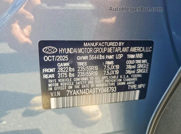 7YAKN4DA9TY048793 2026 HYUNDAI IONIQ Blue Widok naklejki z numerem VIN