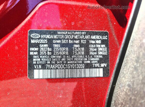 7YAKPDDC1SY013059 2025 HYUNDAI IONIQ Red Widok naklejki z numerem VIN