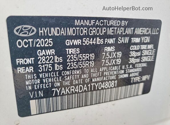 7YAKR4DA1TY048081 2026 HYUNDAI IONIQ White VIN sticker view