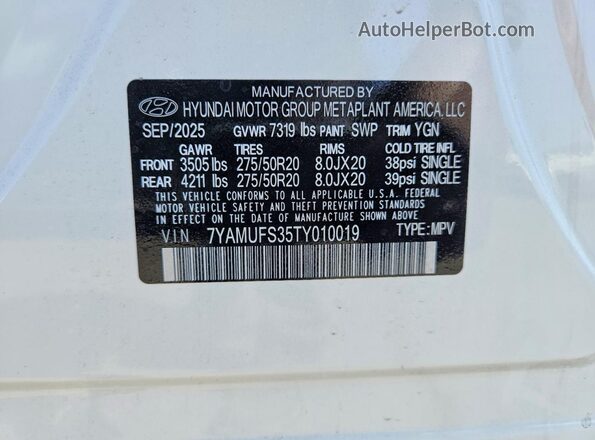 7YAMUFS35TY010019 2026 HYUNDAI IONIQ White VIN sticker view