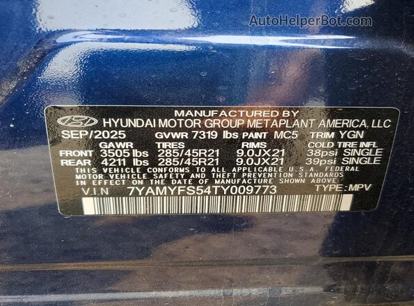 7YAMYFS54TY009773 2026 HYUNDAI IONIQ Blue VIN sticker view