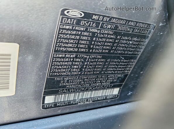 SALWG2KF9GA657217 2016 LAND ROVER RANGE ROVER Gray Սալոնի 360 աստիճան տեսք