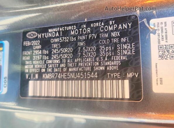 KM8R74HE5NU451544 2022 HYUNDAI PALISADE Gray 