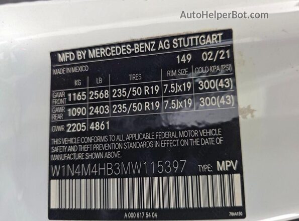 W1N4M4HB3MW115397 2021 MERCEDES-BENZ GLB-CLASS White Vista de los asientos traseros