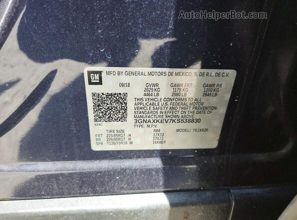 3GNAXKEV7KS538830 2019 CHEVROLET EQUINOX Синий Вид наклейки с VIN-кодом