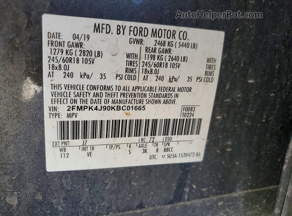 2FMPK4J90KBC01665 2019 FORD EDGE Gray Widok naklejki z numerem VIN