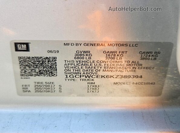 1GCPWCEK6KZ389394 2019 CHEVROLET SILVERADO Silver VIN sticker view