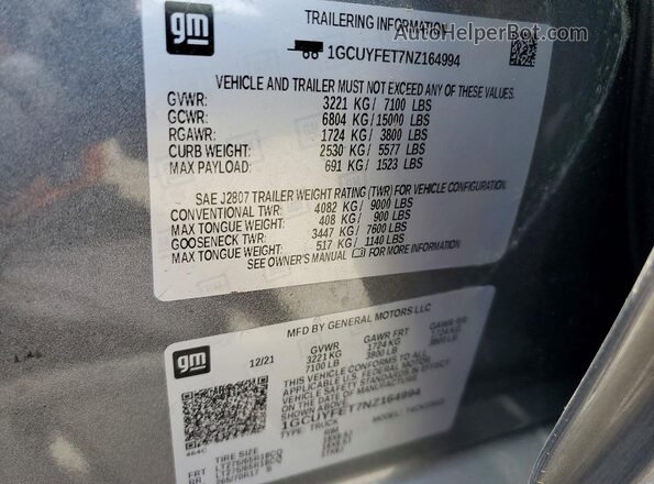 1GCUYFET7NZ164994 2022 CHEVROLET SILVERADO Gray Widok wnętrza 360 stopni