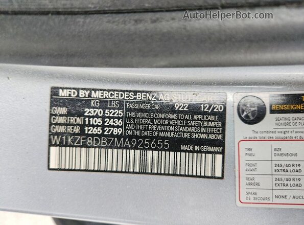 W1KZF8DB7MA925655 2021 MERCEDES-BENZ E-CLASS Silver Widok naklejki z numerem VIN