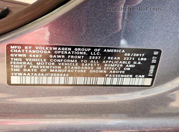 1VWAA7A34JC000342 2018 VOLKSWAGEN PASSAT Gray VIN կոդի պիտակի տեսք