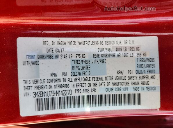 3MZBN1U76HM142270 2017 MAZDA 3 Red Vista de la etiqueta del VIN