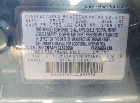 3N1CN7AP1GL823958 2016 NISSAN VERSA Blue VIN კოდის სტიკერის ხედი
