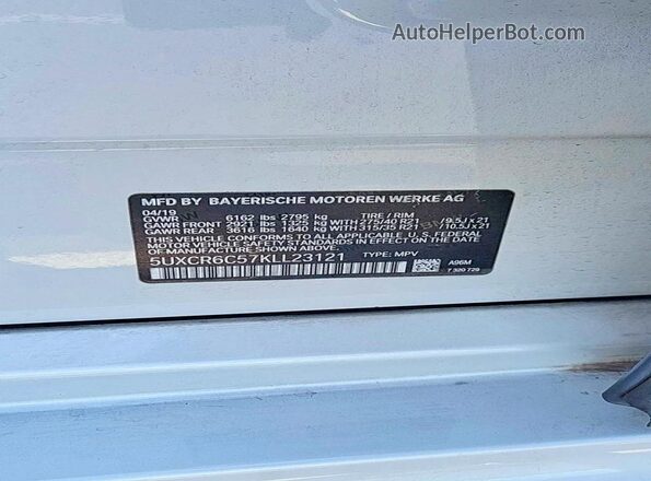 5UXCR6C57KLL23121 2019 BMW X5 White Հետևի նստատեղերի տեսք