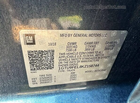 1GTU9FEL8KZ158744 2019 GMC SIERRA Unknown - Not Ok For Inv. Вид задньої частини салону