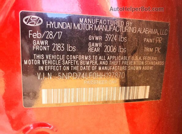 5NPD74LF0HH197870 2017 HYUNDAI ELANTRA Red VIN sticker view