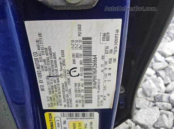 3FA6P0H70GR260664 2016 FORD FUSION Blue Widok naklejki z numerem VIN