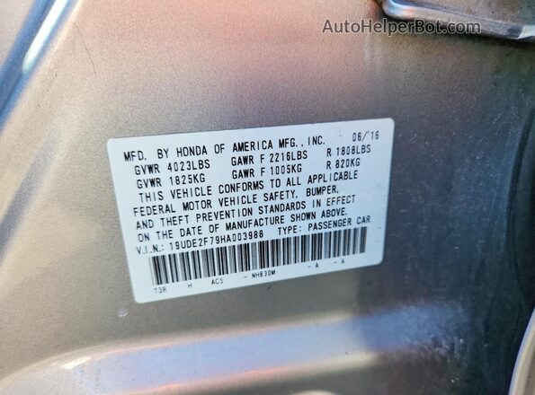 19UDE2F79HA003988 2017 ACURA ILX Серебряный Вид наклейки с VIN-кодом