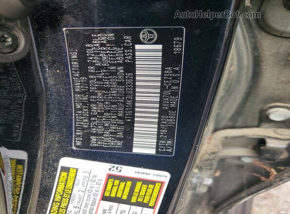 4T1G11AK3LU333626 2020 TOYOTA CAMRY Black Вид наклейки з VIN-кодом