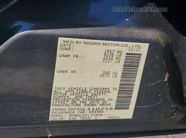 1N4AL3AP4GN310258 2016 NISSAN ALTIMA Gray VIN կոդի պիտակի տեսք