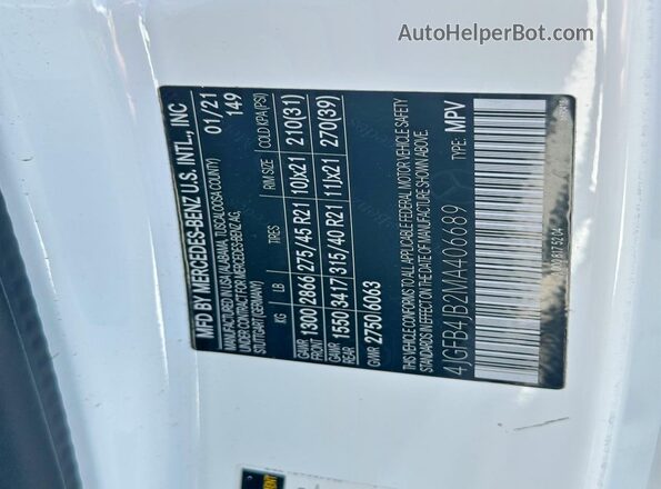 4JGFB4JB2MA406689 2021 MERCEDES-BENZ GLE Белый Вид наклейки с VIN-кодом