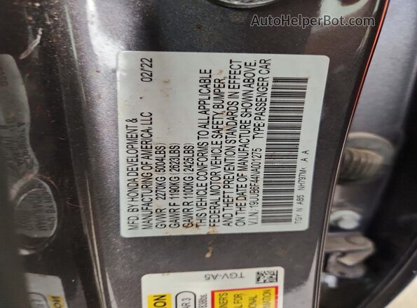 19UUB6F44NA001275 2022 ACURA TLX Gray Widok naklejki z numerem VIN