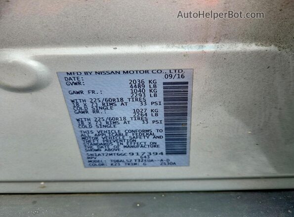 5N1AT2MT6GC917394 2016 NISSAN ROGUE Серебряный Вид наклейки с VIN-кодом