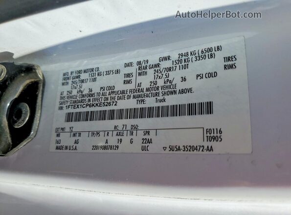1FTEX1CP6KKE52672 2019 FORD F150 White VIN կոդի պիտակի տեսք