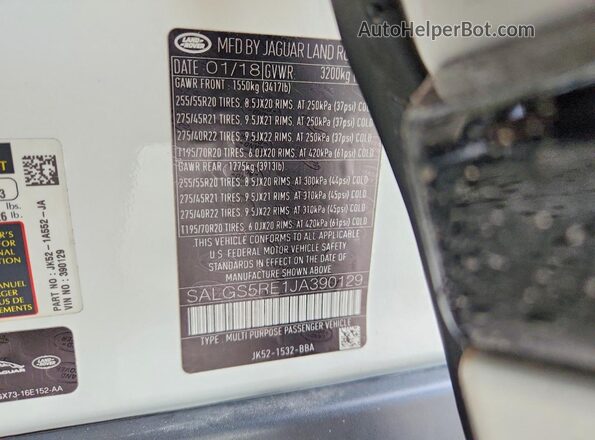 SALGS5RE1JA390129 2018 LAND ROVER RANGE White Vista interior de 360 grados