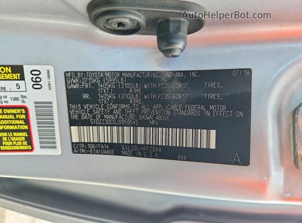 5TDZZ3DC0JS959545 2018 TOYOTA SIENNA Silver Vista interior de 360 grados