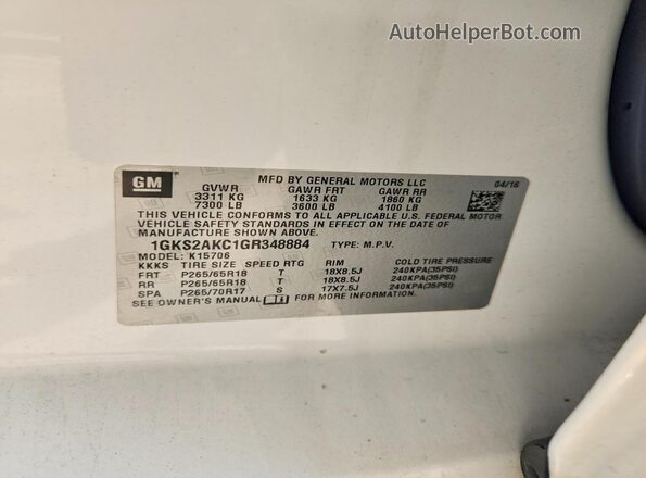 1GKS2AKC1GR348884 2016 GMC YUKON Белый Панорамный вид салона 360°