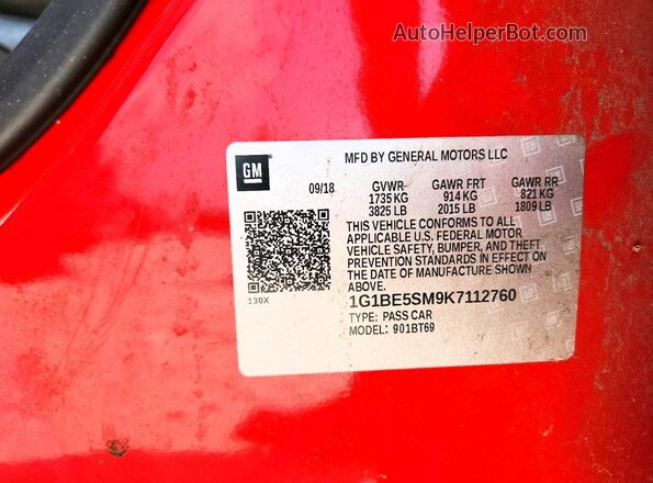 1G1BE5SM9K7112760 2019 CHEVROLET CRUZE Red Вид наклейки з VIN-кодом