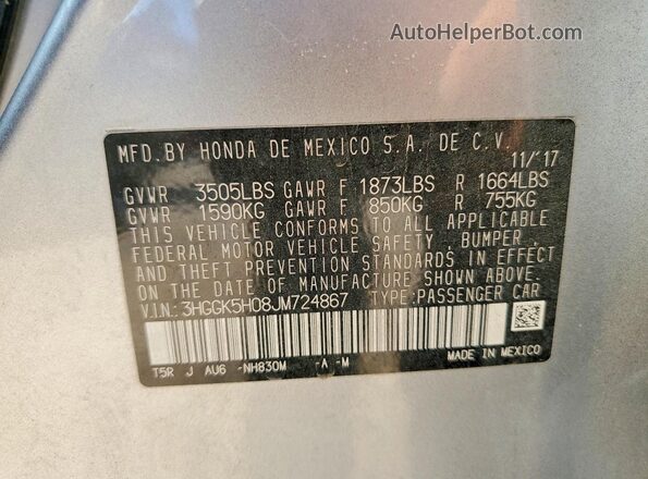 3HGGK5H08JM724867 2018 HONDA FIT Silver VIN კოდის სტიკერის ხედი