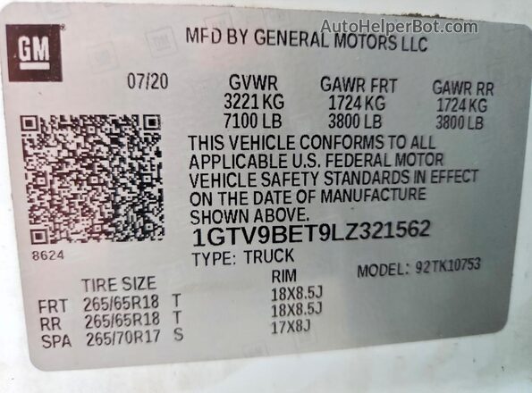 1GTV9BET9LZ321562 2020 GMC SIERRA White VIN sticker view