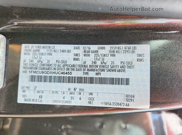 1FMCU9GDXHUC46455 2017 FORD ESCAPE Gray Vista interior de 360 grados