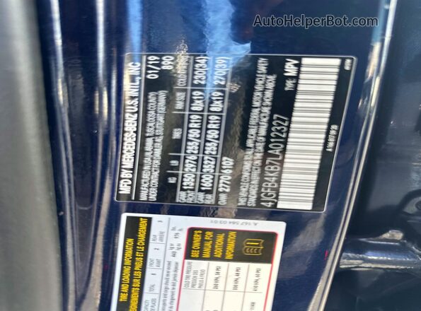 4JGFB4KB7LA012327 2020 MERCEDES-BENZ GLE-CLASS Blue Vista interior de 360 grados