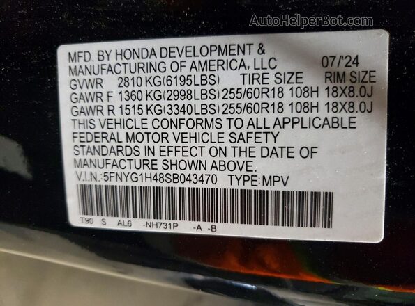 5FNYG1H48SB043470 2025 HONDA PILOT Black Widok wnętrza 360 stopni