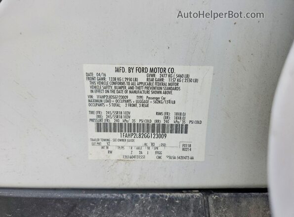 1FAHP2L82GG123009 2016 FORD TAURUS White Vista interior de 360 grados