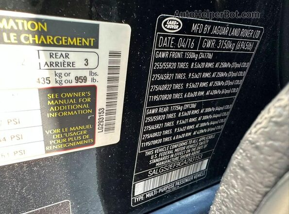SALGS2EF9GA293153 2016 LAND ROVER RANGE Unknown - Not Ok For Inv. Rear interior view