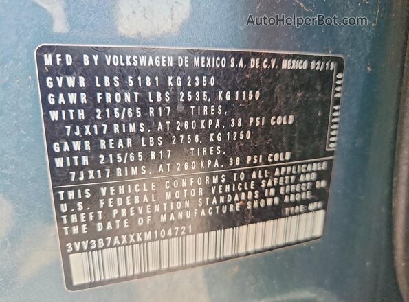 3VV3B7AXXKM104721 2019 VOLKSWAGEN TIGUAN Зеленый Вид наклейки с VIN-кодом