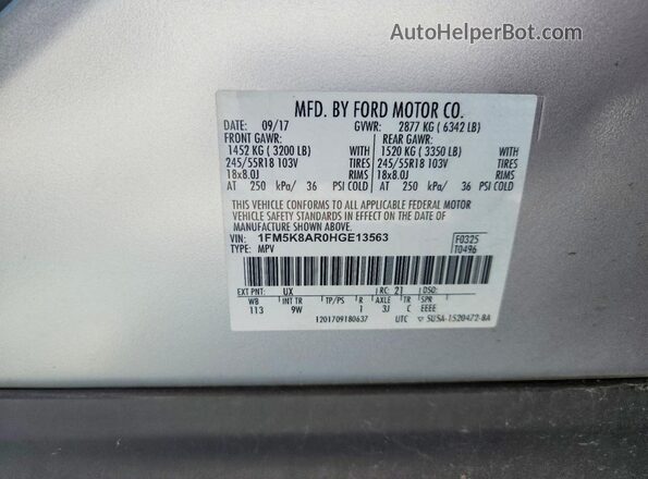 1FM5K8AR0HGE13563 2017 FORD EXPLORER Silver Панорамний вид салону 360°