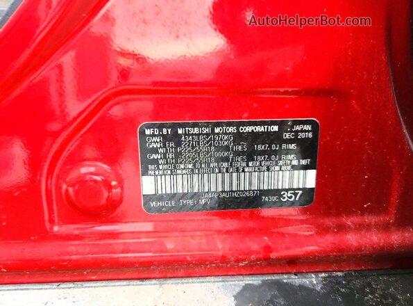 JA4AP3AU1HZ026871 2017 MITSUBISHI OUTLANDER Red 360 interior view
