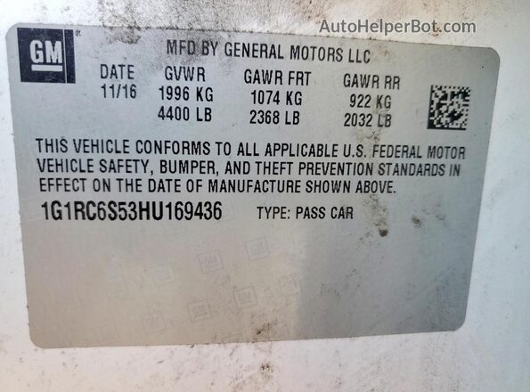 1G1RC6S53HU169436 2017 CHEVROLET VOLT White Widok naklejki z numerem VIN