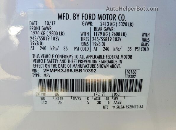 2FMPK3J96JBB10392 2018 FORD EDGE Белый Панорамный вид салона 360°