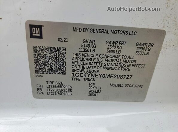 1GC4YNEY0MF208727 2021 CHEVROLET SILVERADO White VIN კოდის სტიკერის ხედი