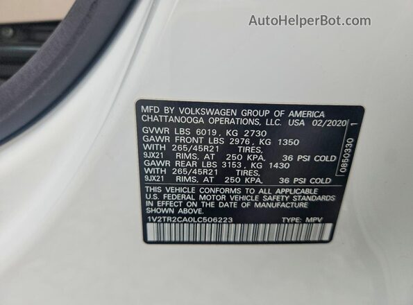 1V2TR2CA0LC506223 2020 VOLKSWAGEN ATLAS White Widok wnętrza 360 stopni