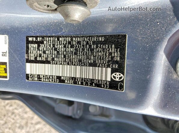 5YFDPRAE1LP055420 2020 TOYOTA COROLLA Silver VIN კოდის სტიკერის ხედი