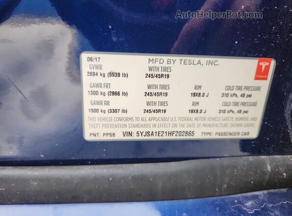 5YJSA1E21HF202865 2017 TESLA MODEL Blue VIN კოდის სტიკერის ხედი