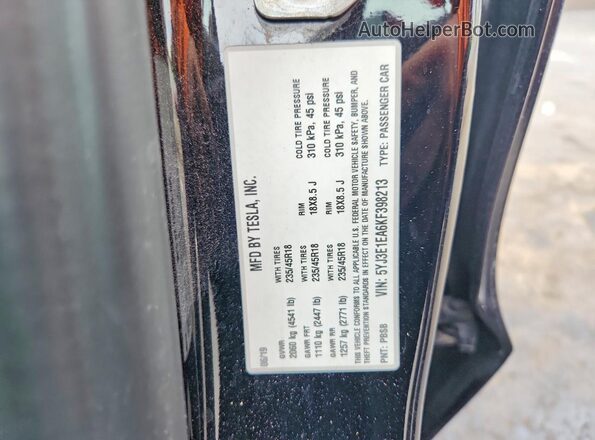 5YJ3E1EA6KF398213 2019 TESLA MODEL Black Vista de la etiqueta del VIN